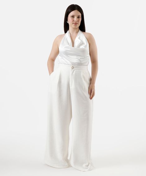 calça de alfaiataria feminina com pregas plus size off white