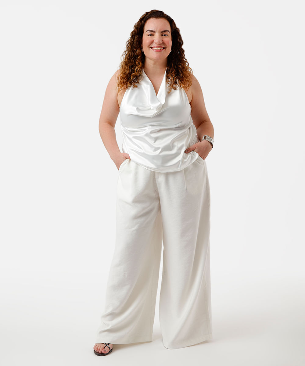 calça de alfaiataria feminina com pregas plus size off white