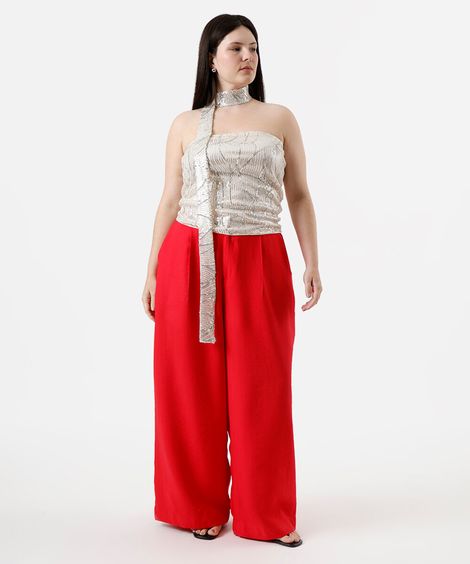 calça alfaiataria com prega e bolso plus size vermelha