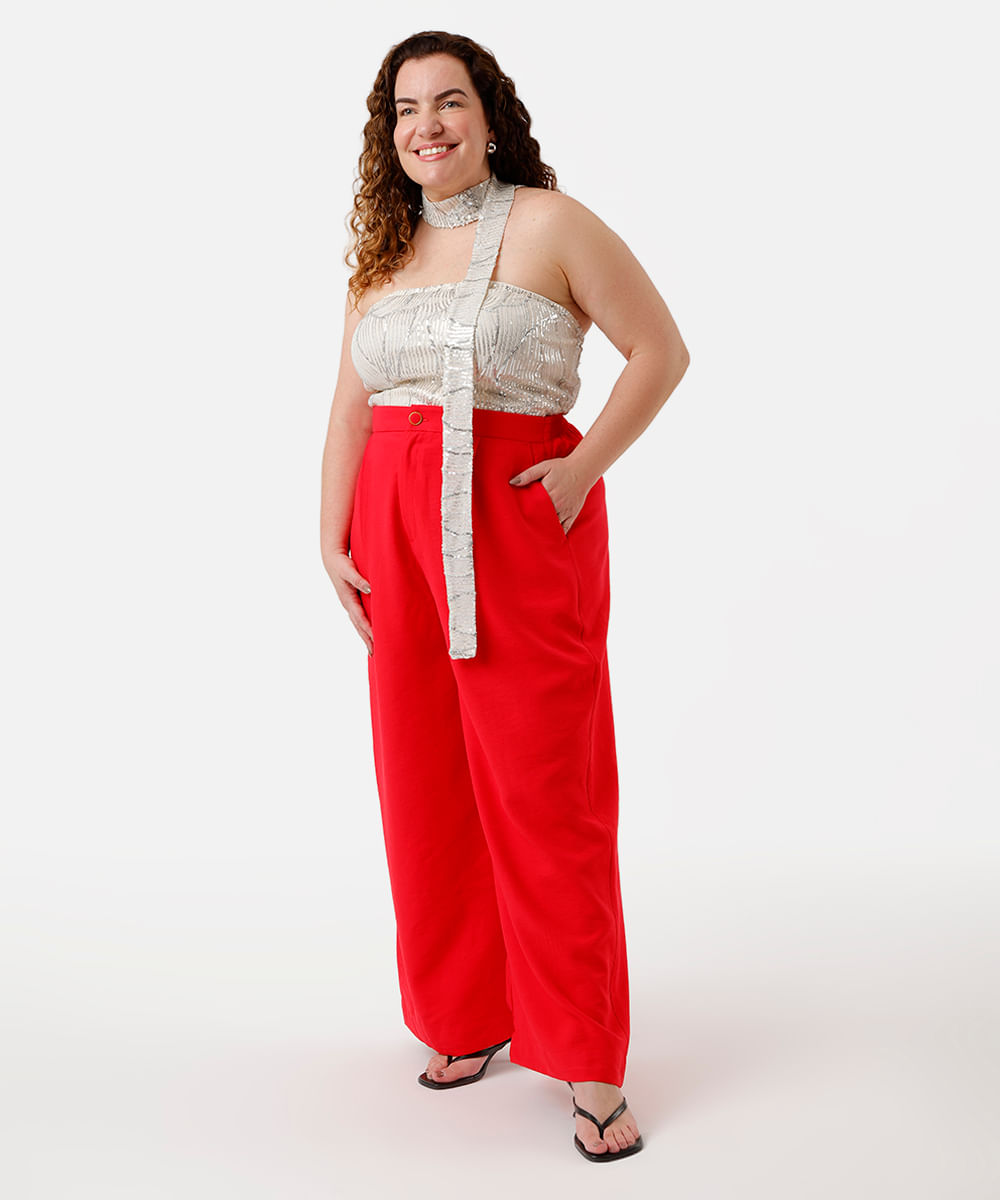 calça alfaiataria com prega e bolso plus size vermelha