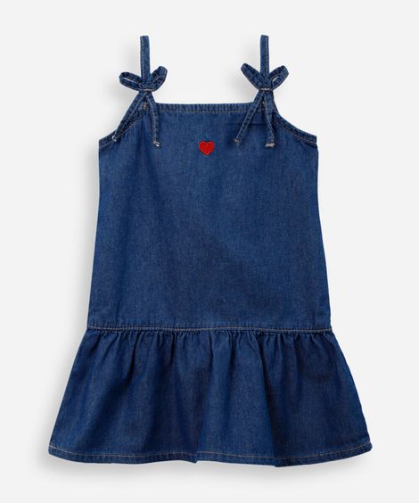 vestido alça fina infantil jeans com recorte e bordado azul