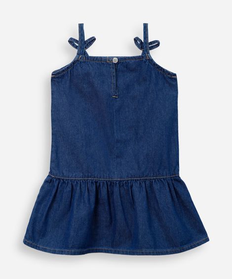 vestido alça fina infantil jeans com recorte e bordado azul