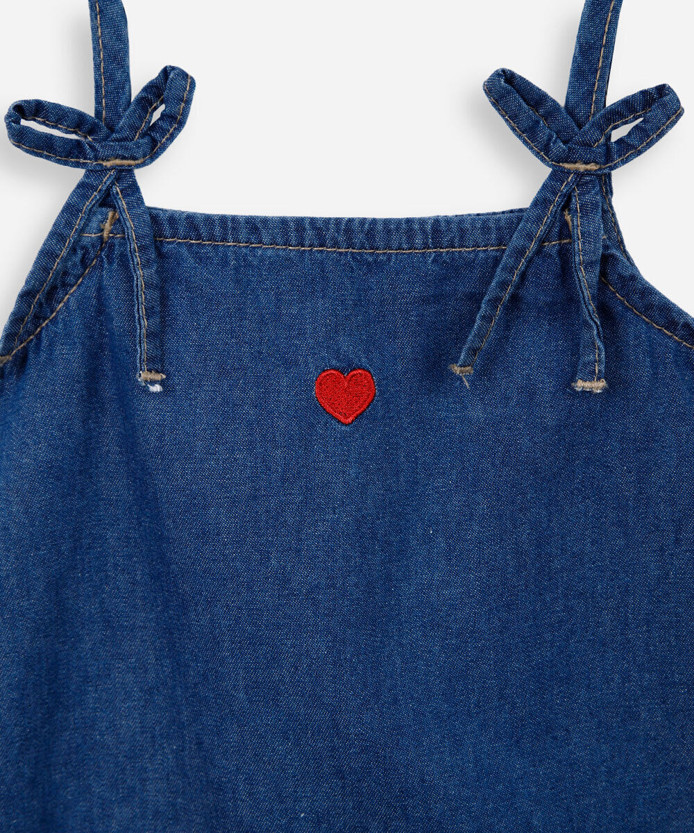 vestido alça fina infantil jeans com recorte e bordado azul