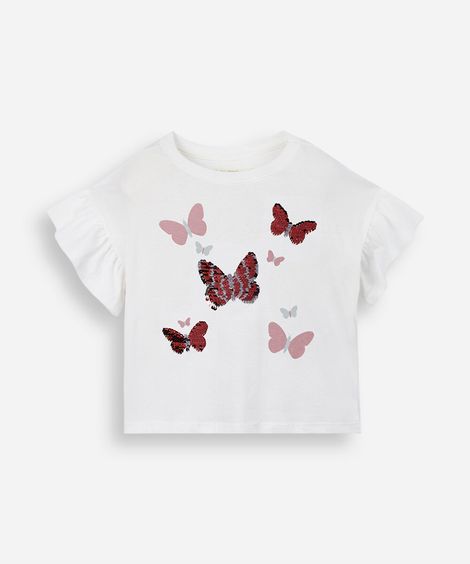 blusa infantil de algodão com paetês e borboletas off white