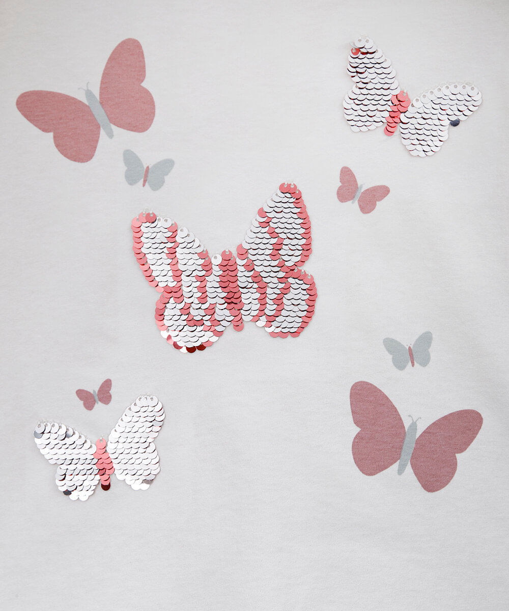 blusa infantil de algodão com paetês e borboletas off white