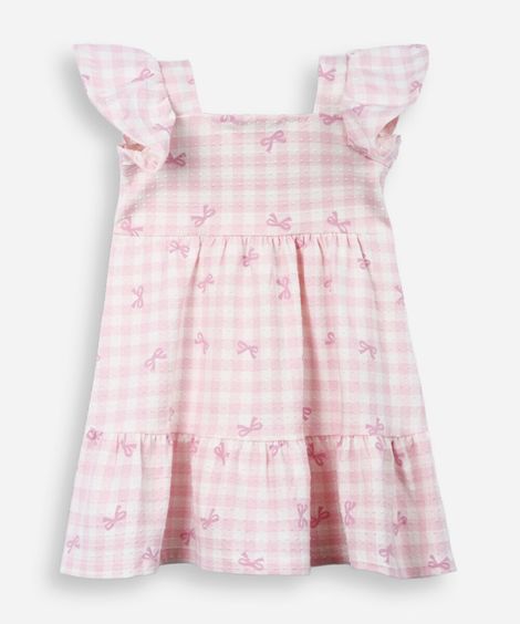 vestido infantil de algodão texturizado laço rosa