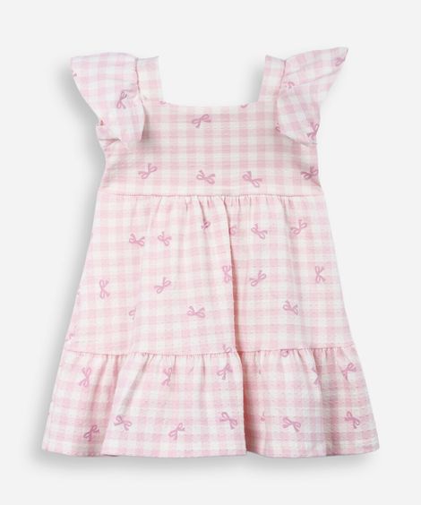 vestido infantil de algodão texturizado laço rosa