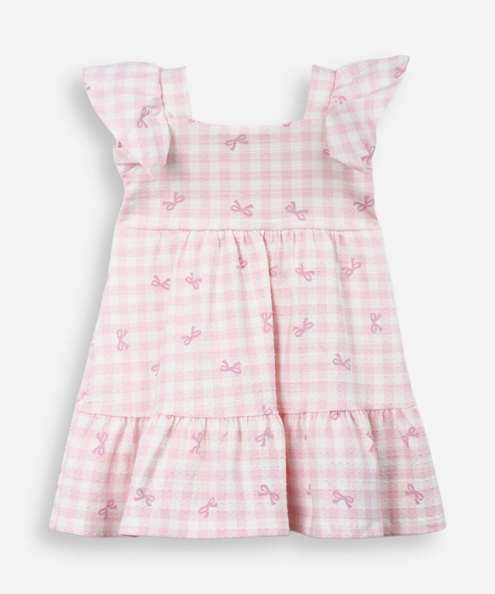vestido infantil de algodão texturizado laço rosa