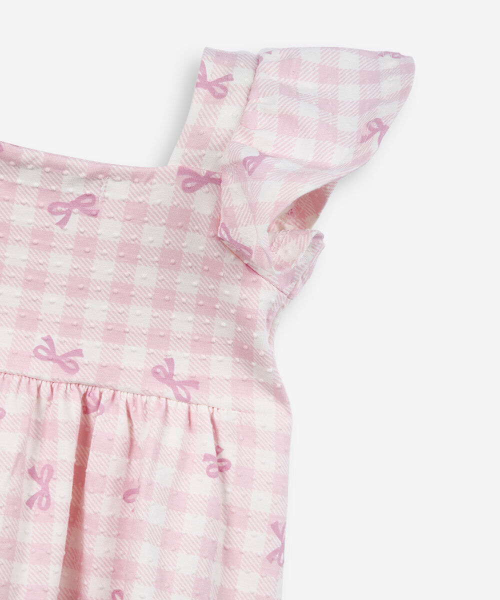 vestido infantil de algodão texturizado laço rosa