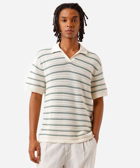 polo masculina de tricot listrada off white