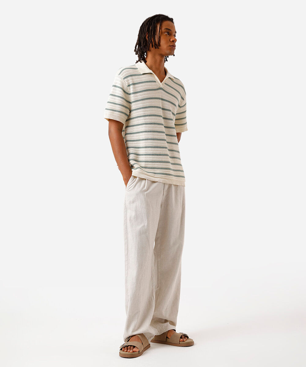 polo masculina de tricot listrada off white