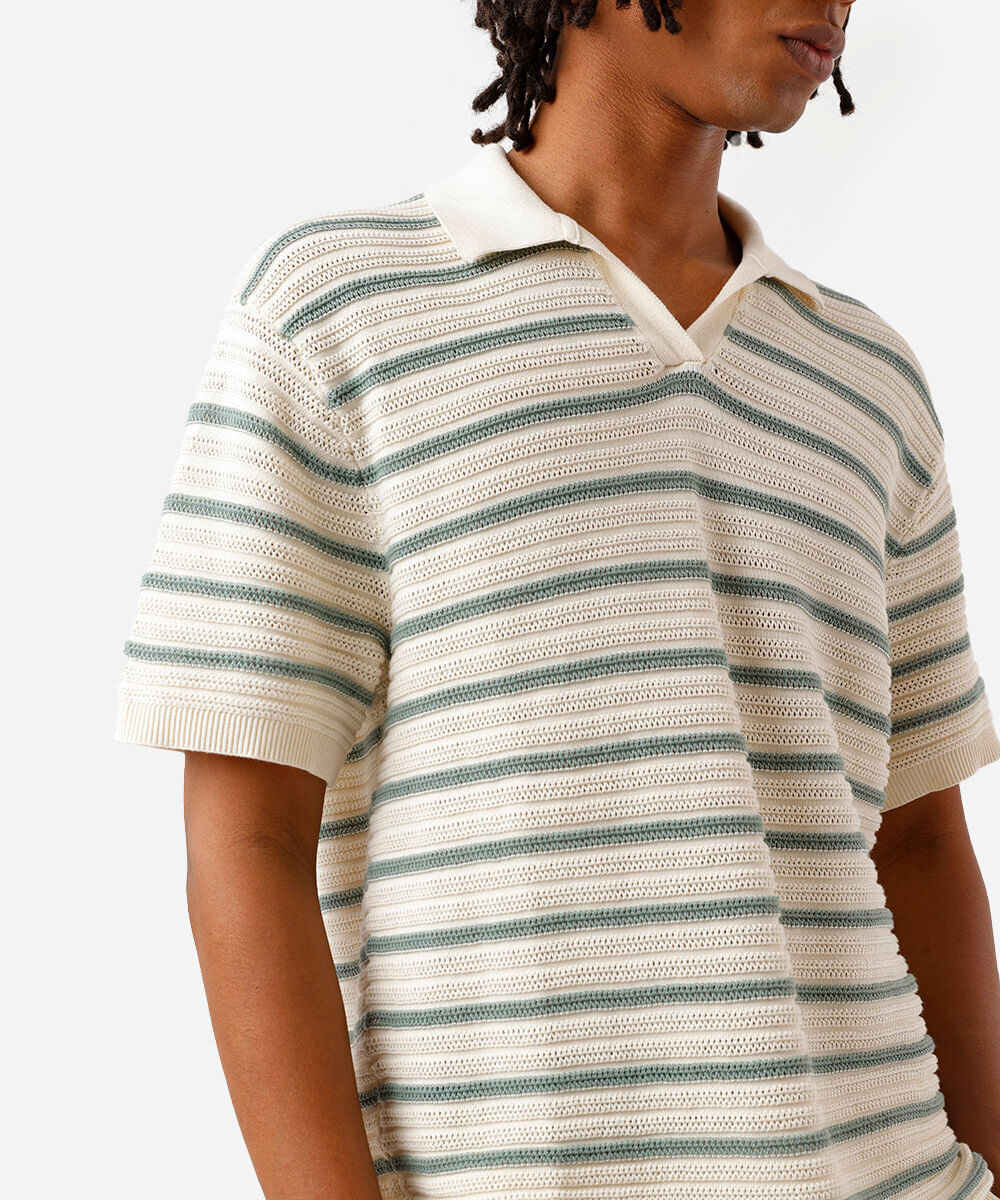 polo masculina de tricot listrada off white