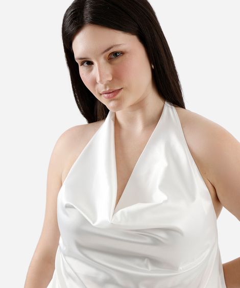 blusa frente única feminina acetinada plus size off white