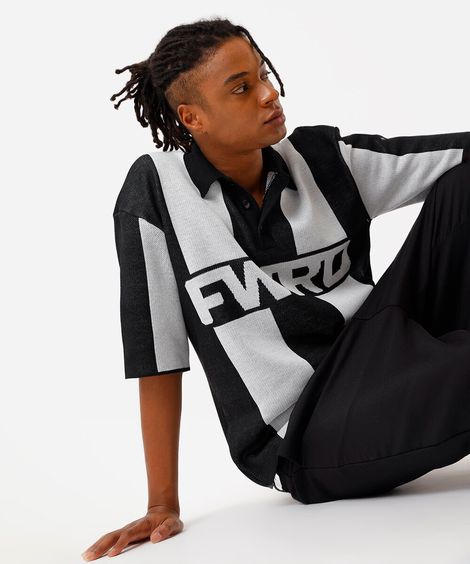 polo box fit masculina de tricot listrada preta