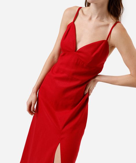 vestido midi feminino com linho alça fina vermelho