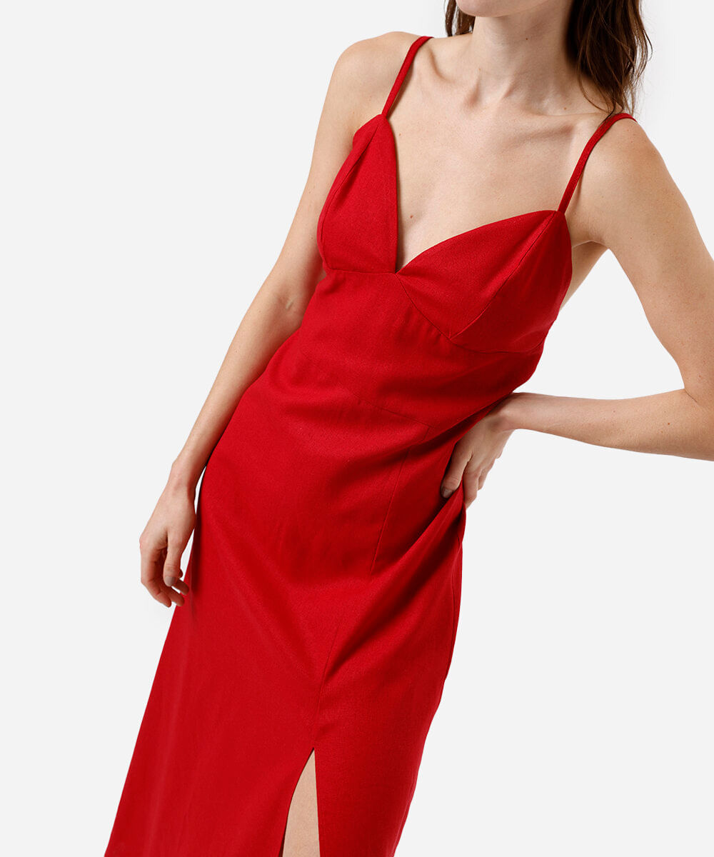 vestido midi feminino com linho alça fina vermelho