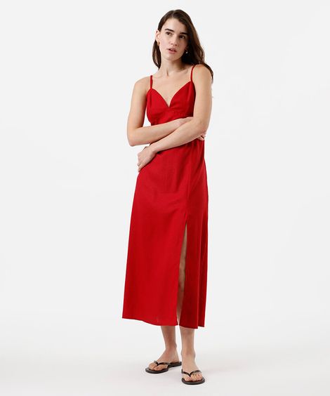 vestido midi feminino com linho alça fina vermelho