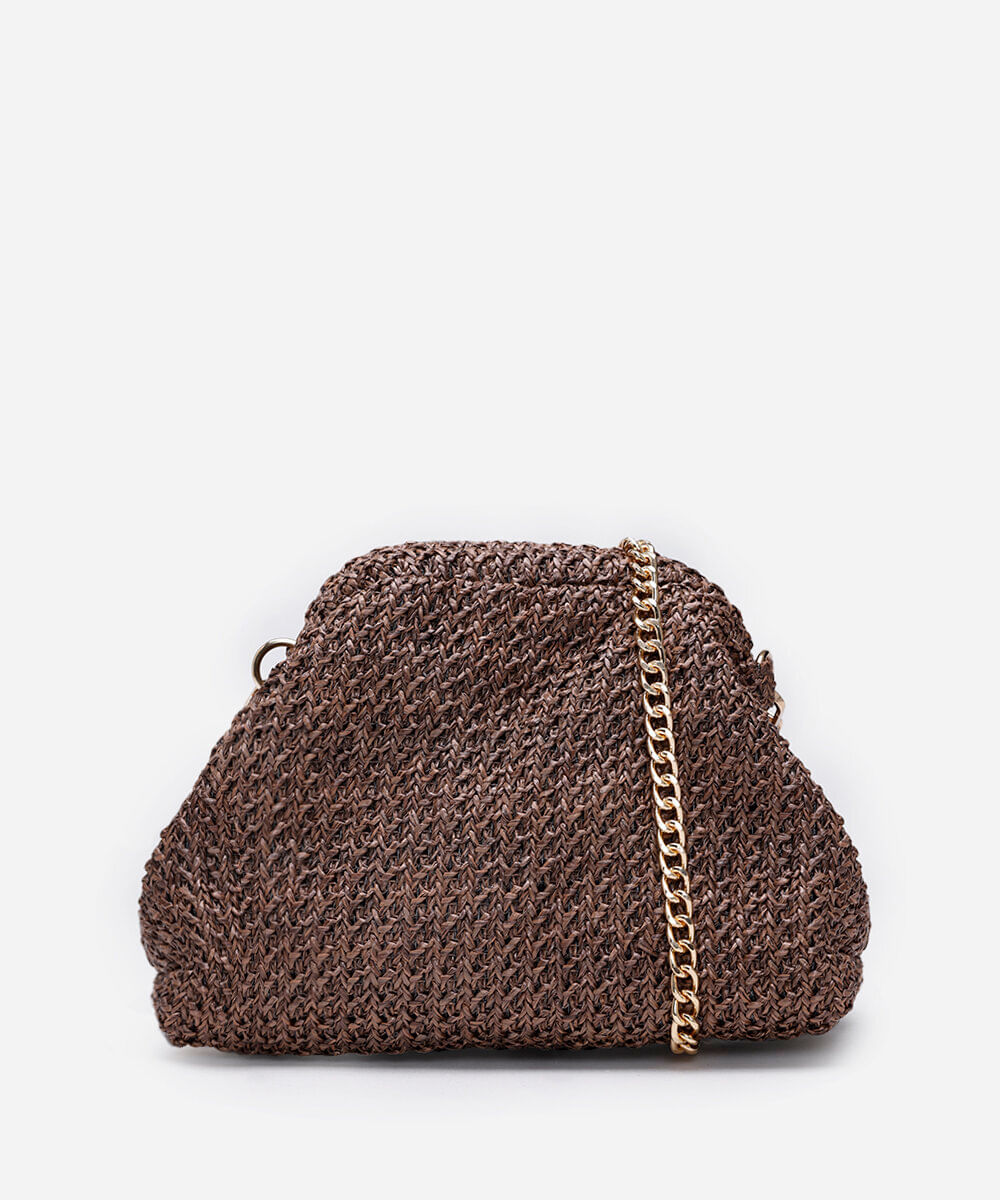 bolsa clutch de palha alça de corrente marrom