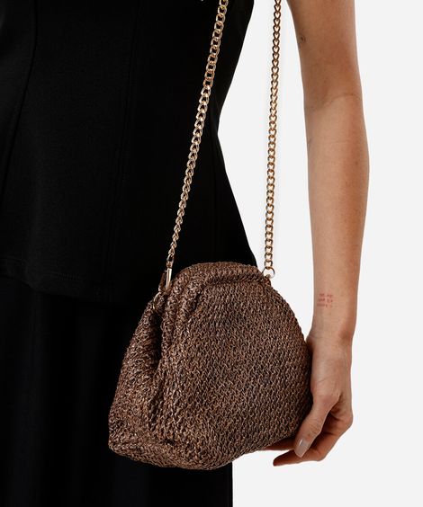 bolsa clutch de palha alça de corrente marrom