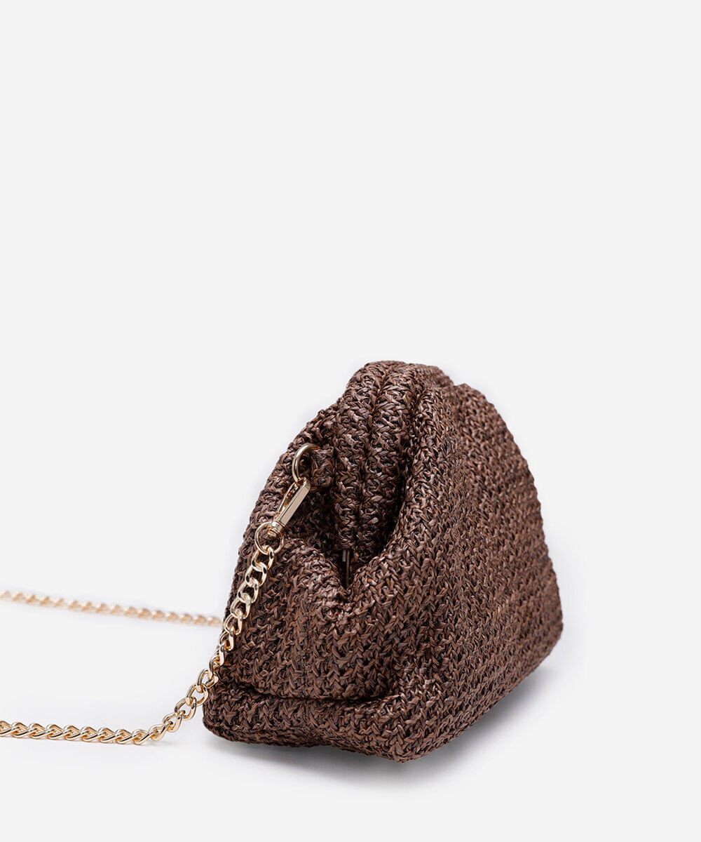 bolsa clutch de palha alça de corrente marrom