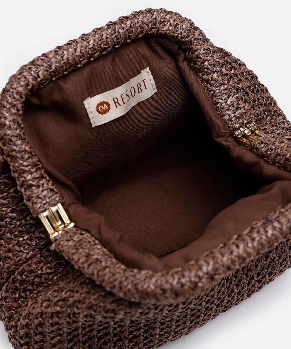 bolsa clutch de palha alça de corrente marrom