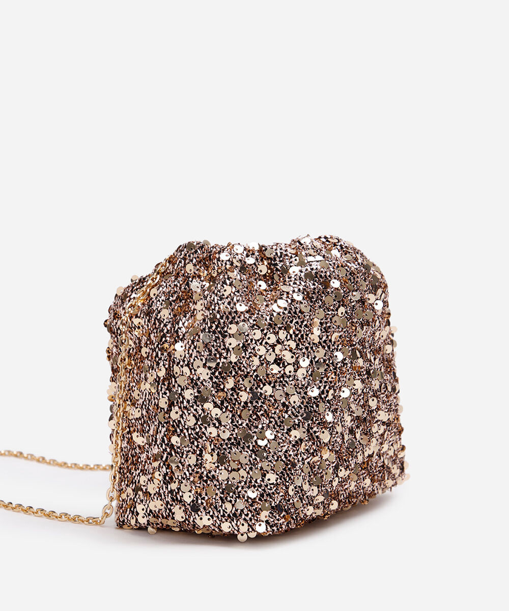 bolsa transversal de lurex com paetê dourada