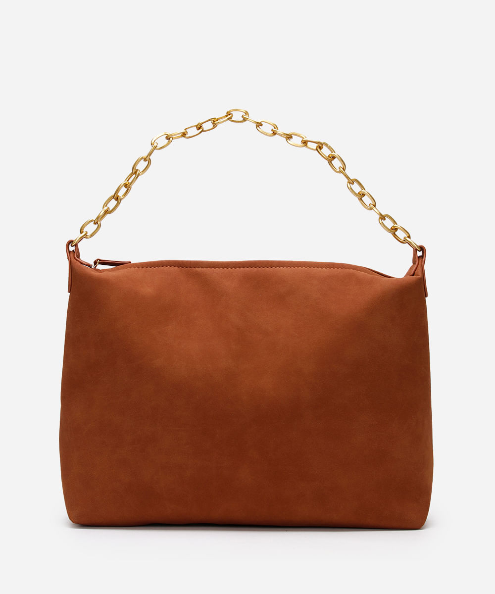 bolsa shopper de suede alça corrente marrom