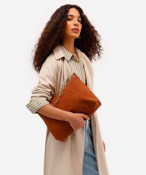 bolsa shopper de suede alça corrente marrom