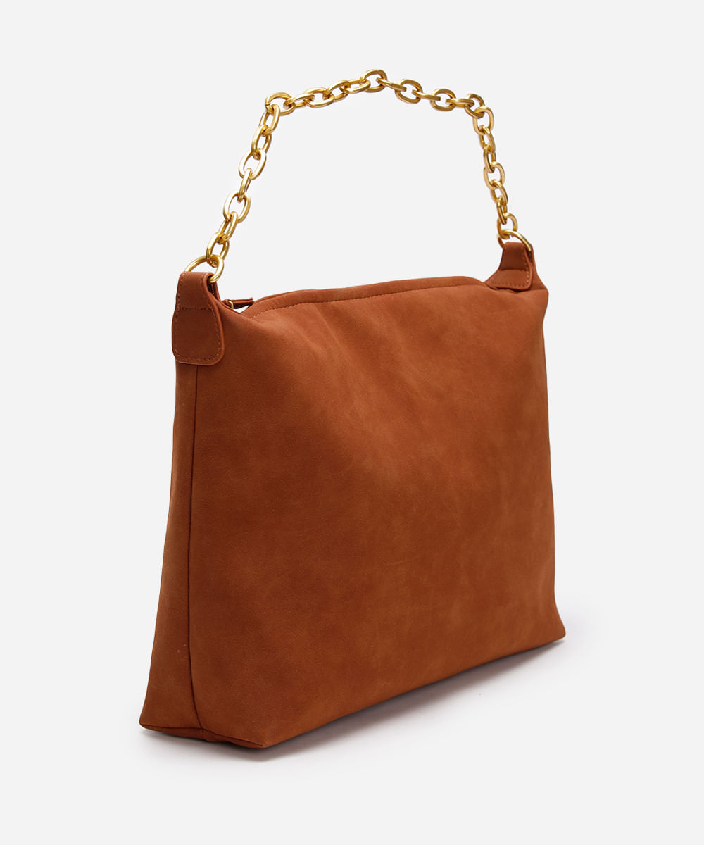 bolsa shopper de suede alça corrente marrom