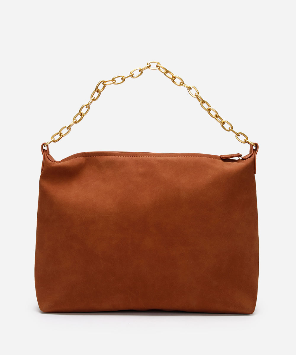 bolsa shopper de suede alça corrente marrom