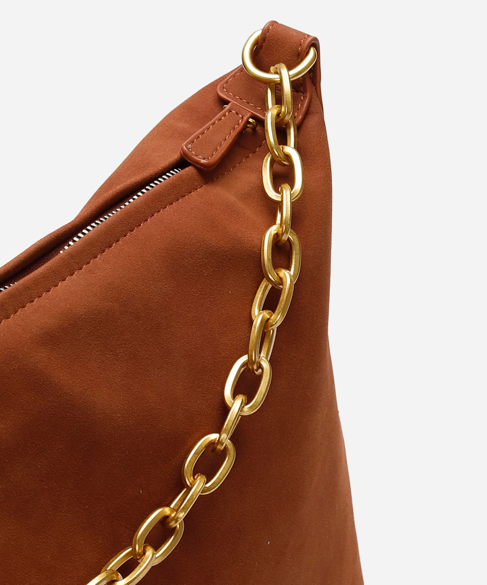 bolsa shopper de suede alça corrente marrom