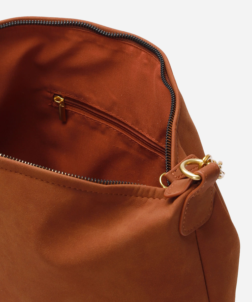 bolsa shopper de suede alça corrente marrom