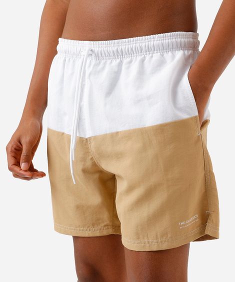 short masculino de poliamida com recorte bicolor bege