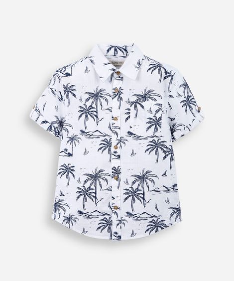 camisa infantil de algodão manga curta folhagens branca