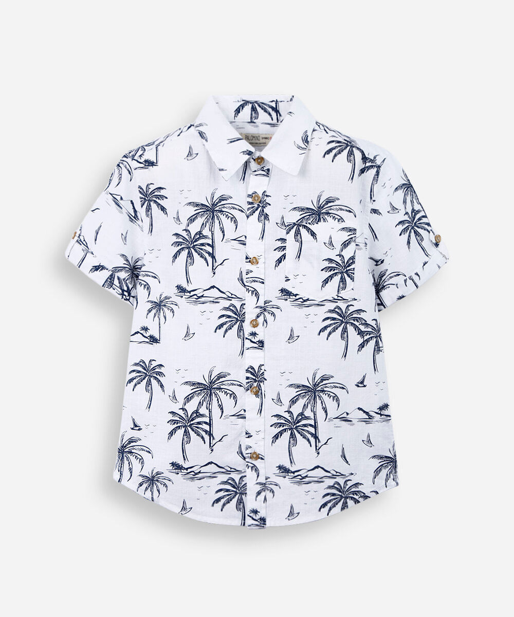 camisa infantil de algodão manga curta folhagens branca