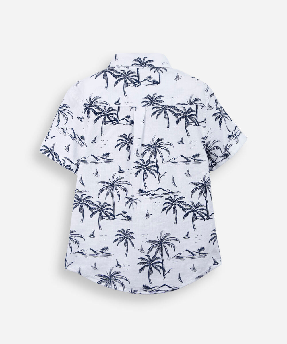 camisa infantil de algodão manga curta folhagens branca
