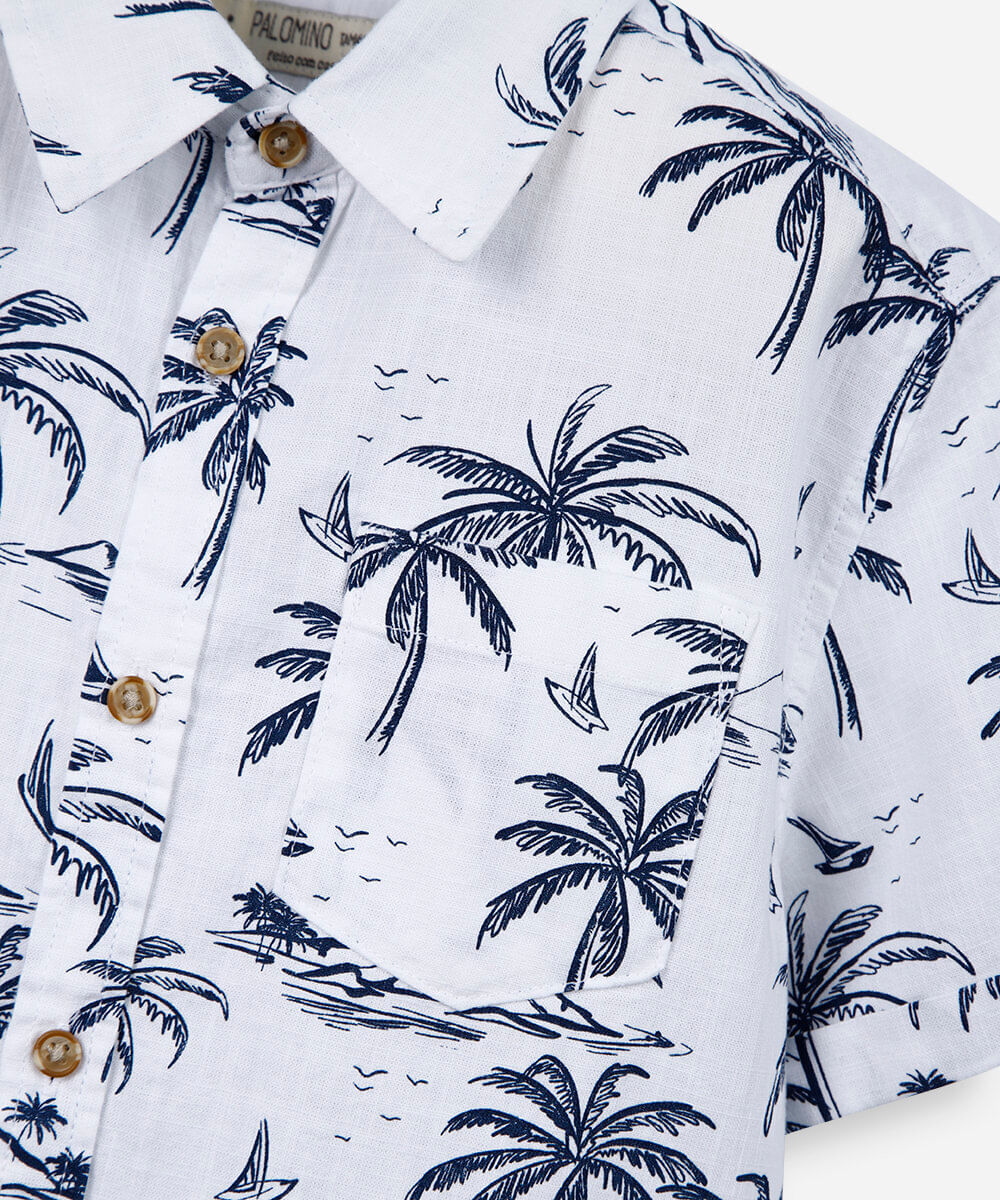 camisa infantil de algodão manga curta folhagens branca