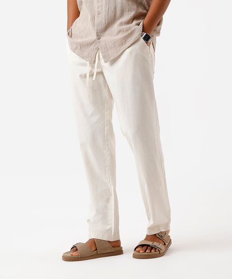 calça reta masculina de sarja com linho cós elástico off white