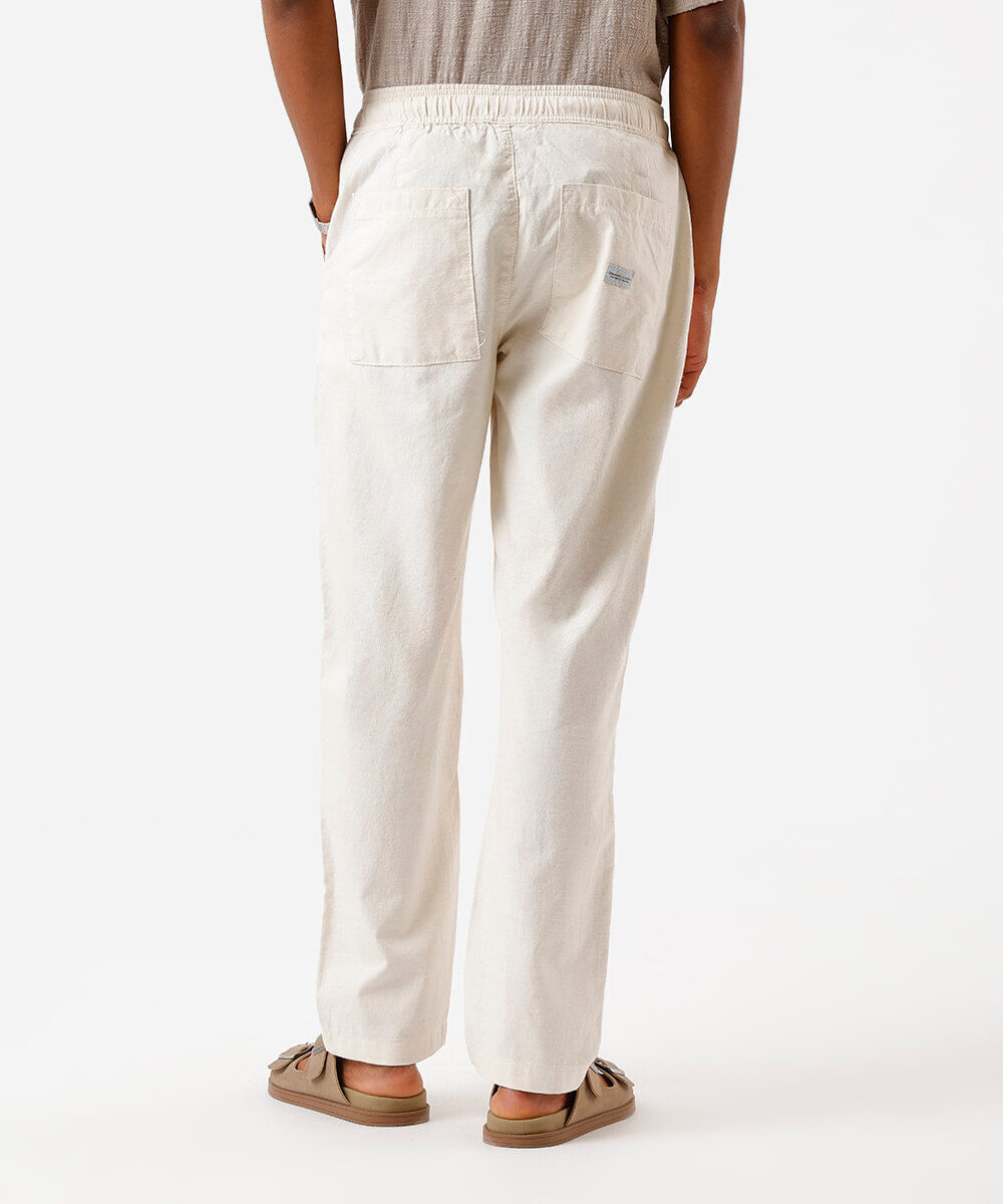 calça reta masculina de sarja com linho cós elástico off white
