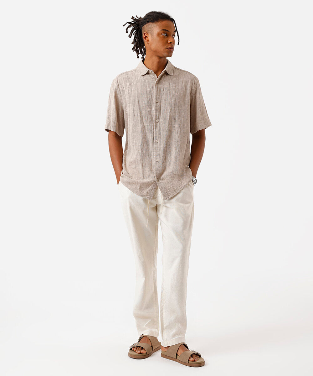 calça reta masculina de sarja com linho cós elástico off white