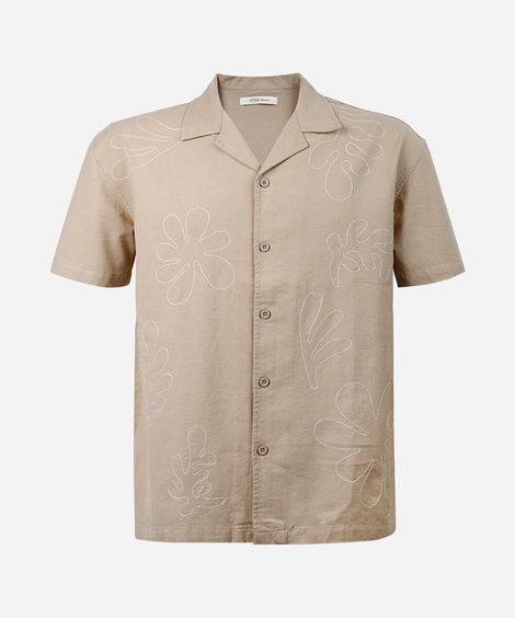 camisa juvenil de algodão e linho bordada bege