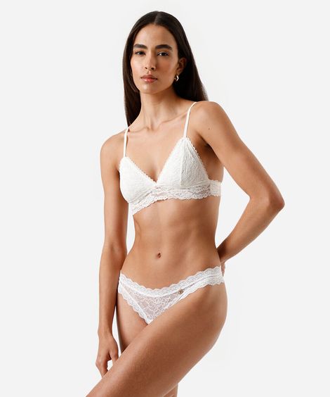 calcinha fio dental feminina de renda floral off white