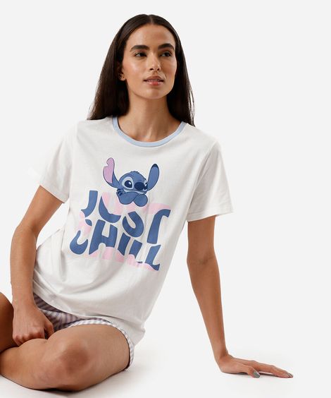 pijama short doll feminino de algodão stitch azul