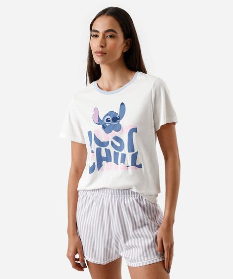 pijama short doll feminino de algodão stitch azul