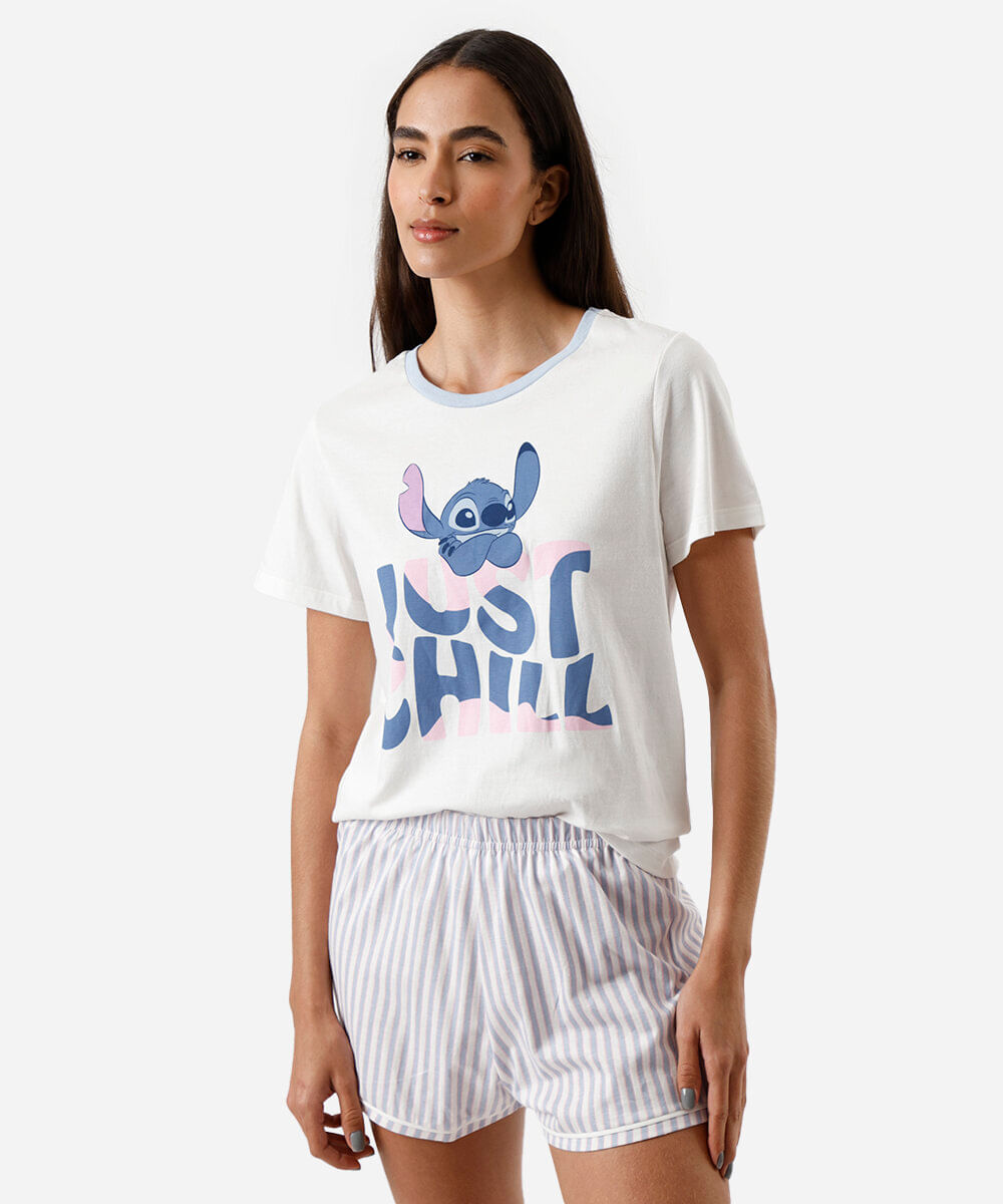pijama short doll feminino de algodão stitch azul