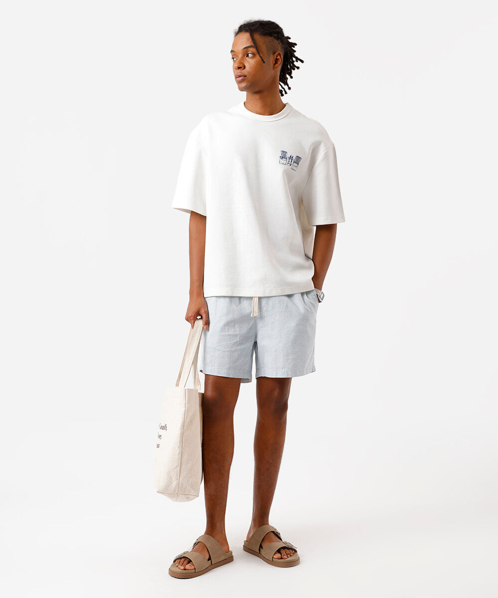 short reto masculino de algodão cós elástico listrado azul