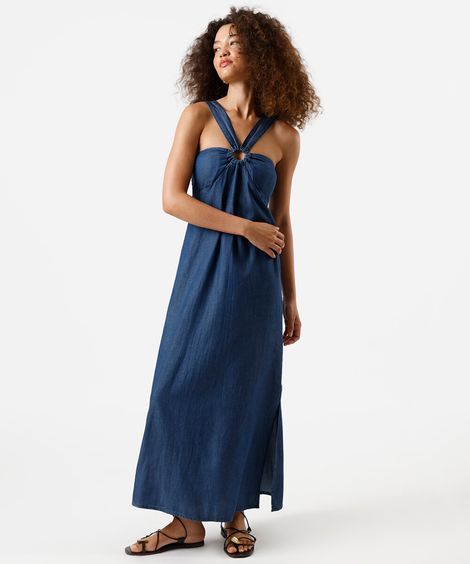 vestido midi feminino jeans com fenda azul