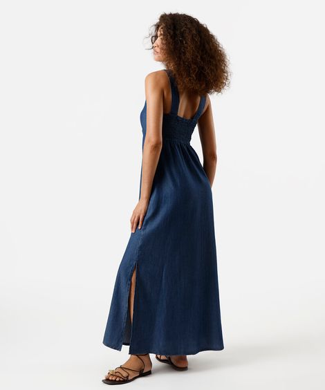 vestido midi feminino jeans com fenda azul