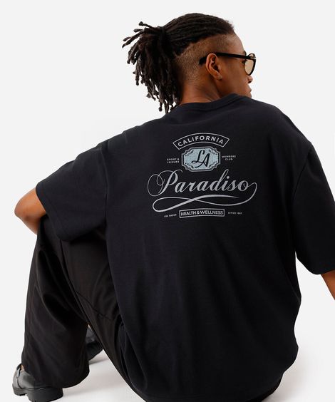 camiseta box fit masculina com algodão estampada preta