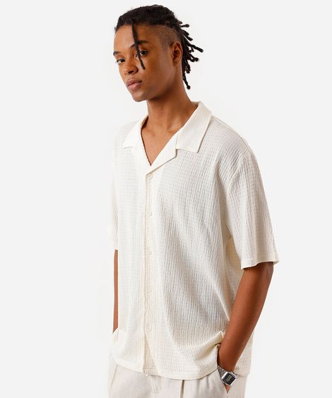 camisa masculina manga curta texturizada off white